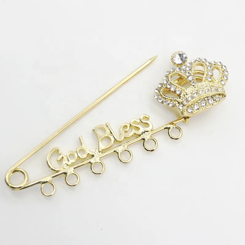 

2024 God Bless Baby Pin 6 loops with small Rhinestone crown Brooch baby pins Babies Jewelry