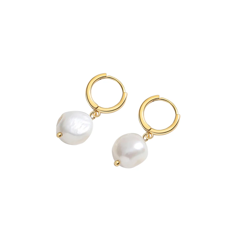 

Classic S925 Sterling Silver Fine Jewelry 18K Gold Plated Natural Pearl Drop Dangle Hoop Earrings