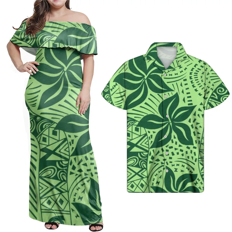 

Island Style Factory Polynesian Tribal Printed Green Design Ladies Vintage Dress Match Men Shirt Customized Plus Size, Customized color