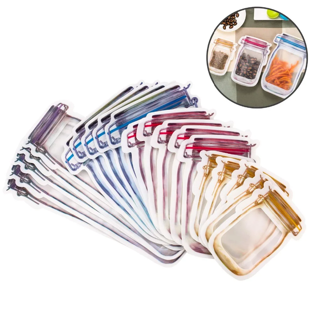 

Kitchen Organizer Seal Fresh Food Storage Bags 5PCS/lot Reusable Mason Jar Bag Nuts Candy Cookies Bottles Snacks Zipper Sealed, As pic