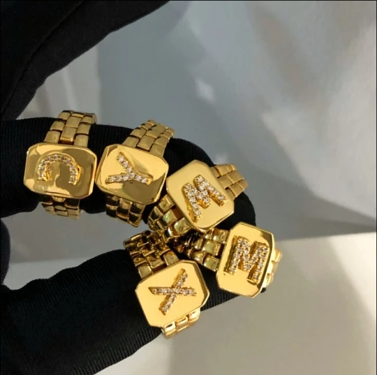 

2021 Trendy Hiphop Adjustable 18k Gold Plated Zircon A-Z Letter Ring Watchband Square Statement Gold Initial Rings