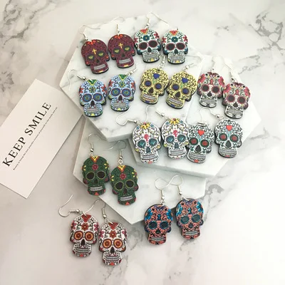 

2021 Exaggerated Skull Earrings Celebrate Mexican Day Halloween Acrylic Sugar Skull Halloween earrings for Women, Picture shows