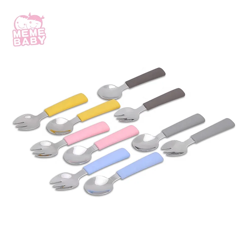 

BPA Free Baby Silicone Spoon And Fork Stainless Steel Spoon And Fork, Pink,yellow,custom