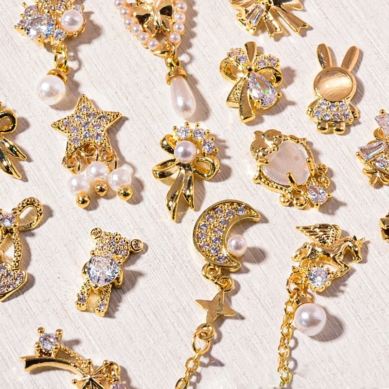 

Paso Sico New Designs Nail Art Salon Supplies Zircon Gold Diy 3D Alloy Nail Charms