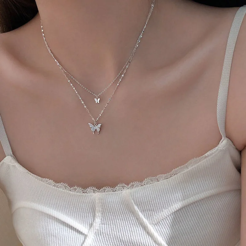 

Dainty Layered Clavicle Chain Necklace Jewelry 925 Sterling Silver Shiny CZ Butterfly Chocker Necklace for Women, Gold, silver