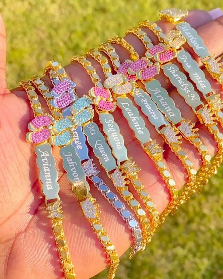 

2021 CZ Zircon Copper Fit DIY Silver Gold Jewelry Crown Footprint Bar Charm Custom Name Adjustable Baby kids Anklet Bracelet