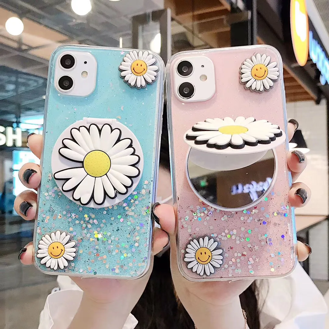 

Korean Daisy Makeup Mirror Bling Glitter Cell Phone Back Cover Shell for iPhone 11 Pro Max Case