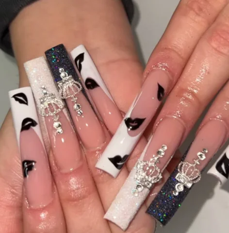 

2021 Most Popular Short False Nails With Diamonds Decoration Designer Ballerina French Coffin Shape Press On Nails, Same as picture