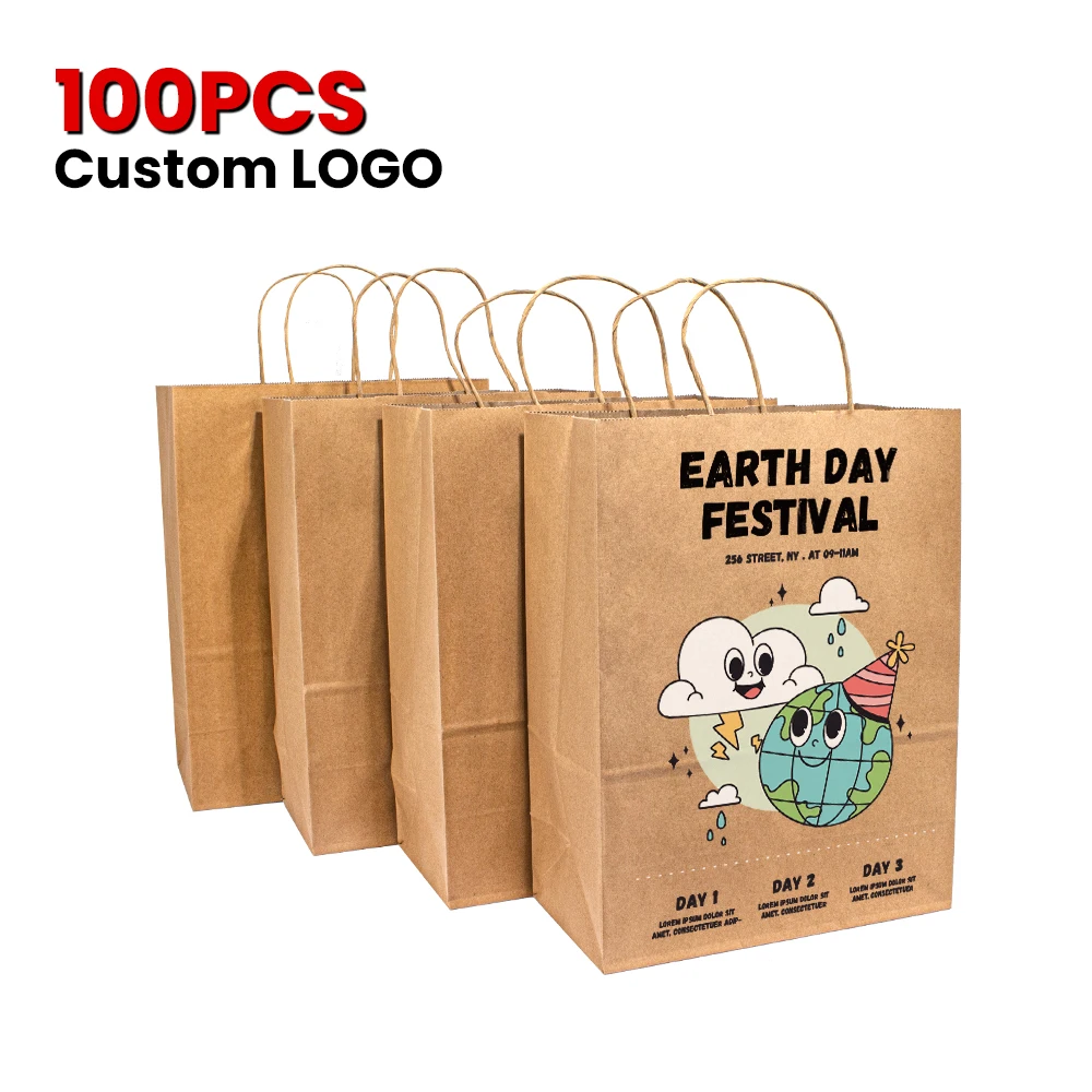 

Custom Printed Brown Kraft Takeaway Delivery Coffee Packaging Restaurant Takeout Food Paper Bag with Handles