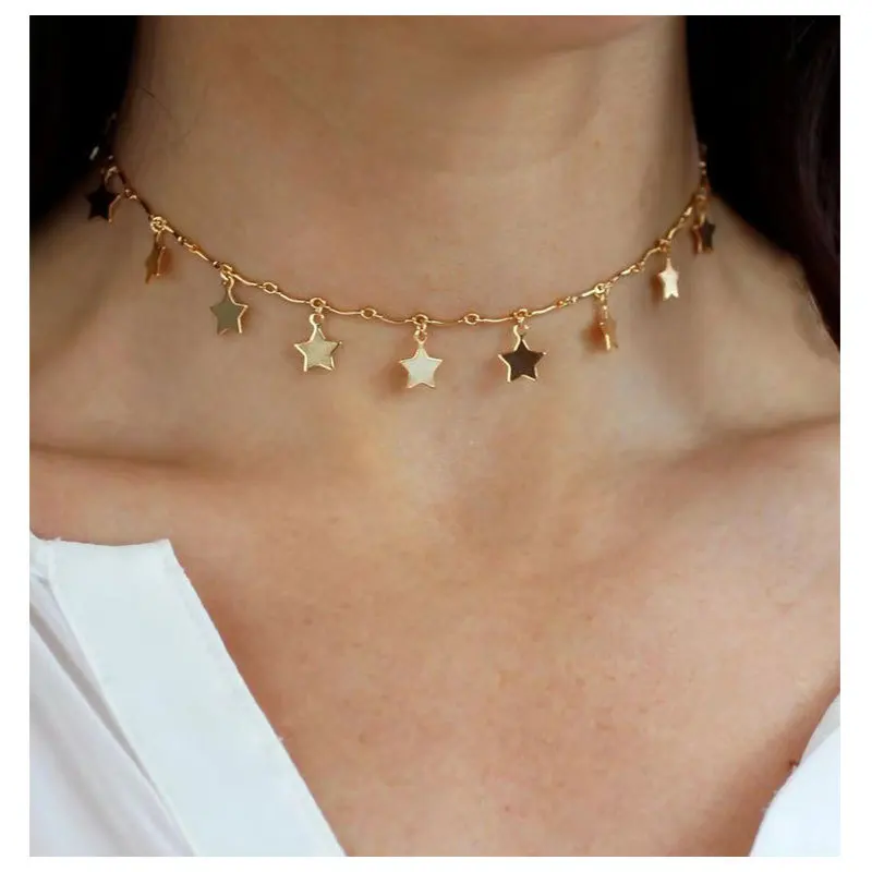 

Minimalist Gold Chain Women Girl Boho Simple Chocker Drop 9 Stars Necklace Statement Jewelry