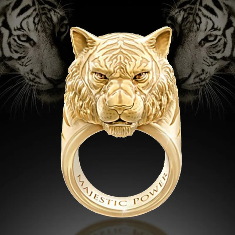 

New Men's Hip-hop Style Domineering Animal Ring Fashion Golden Punk Hand-carved Viking Jewelry Exquisite Tiger Ring