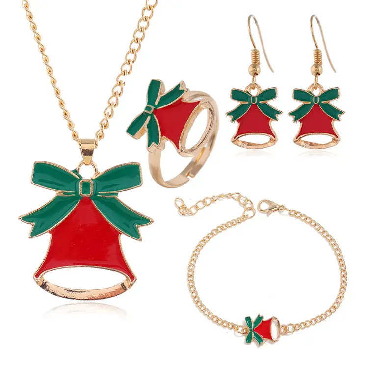 

SC Hot Selling Christmas Jewelry Set Gifts Fashion Bells Elk Christmas Tree Charm Necklace Earrings Rings Bracelets Set for Girl, Gold