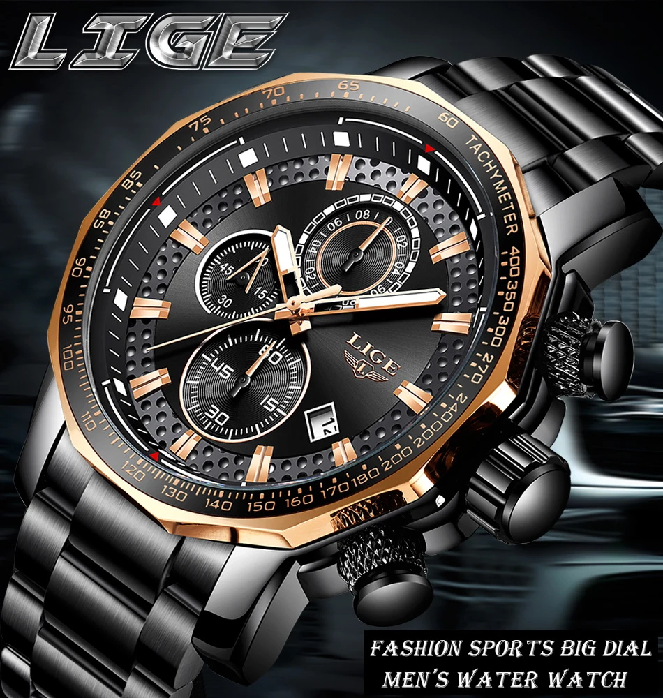 Lige 9902 Luxury Mens Quartz Watch Stainless Steel Waterproof