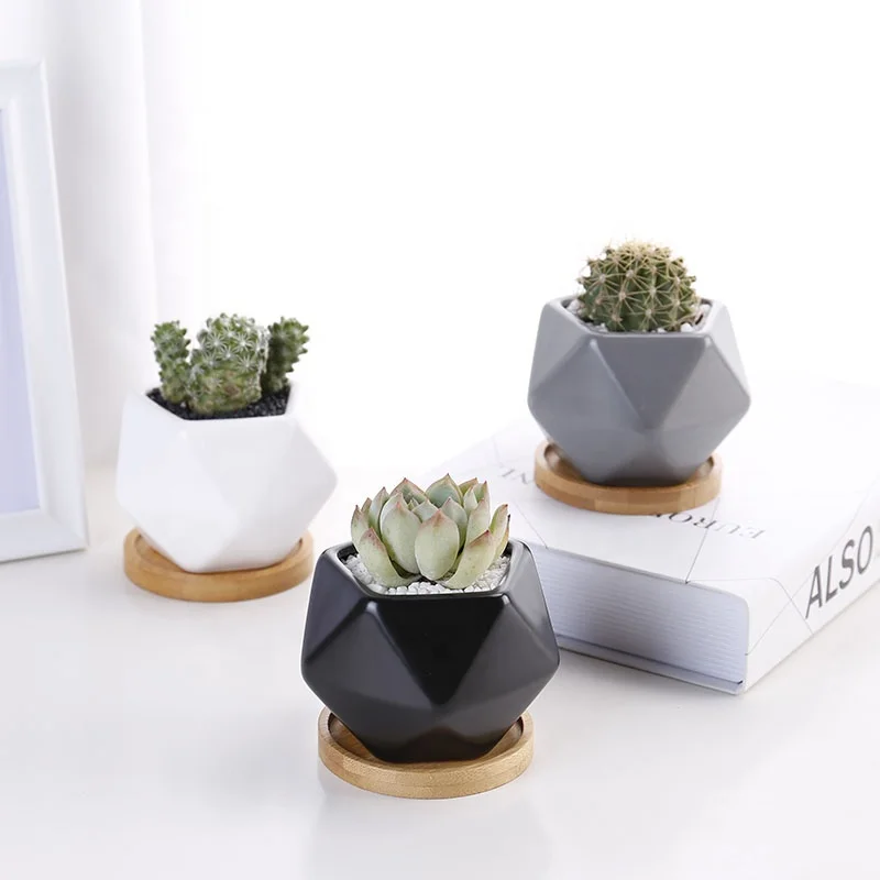 

Wholesale geometric design small cute succulent pots ceramic pots for succulent plants, White/grey/black