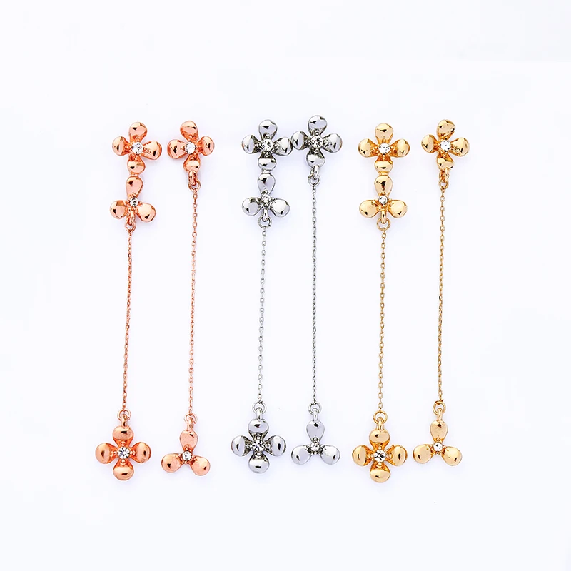 

e981174d White Gold Drop Fleur De Lis Diny Flower Long Chain Simple Dangle Women's Fashion Earrings