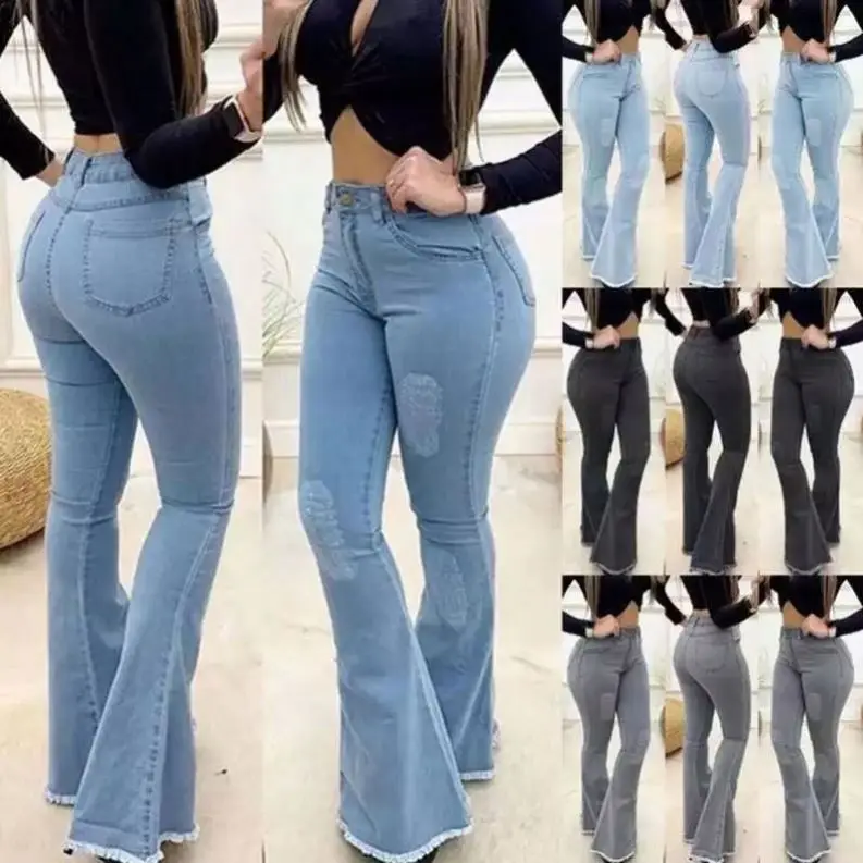 

BEAUTY Fall 2021 Women Clothing Summer Pant Elegant Ladies Smart Casual Jeans Ruffle Denim Pants, Customized color