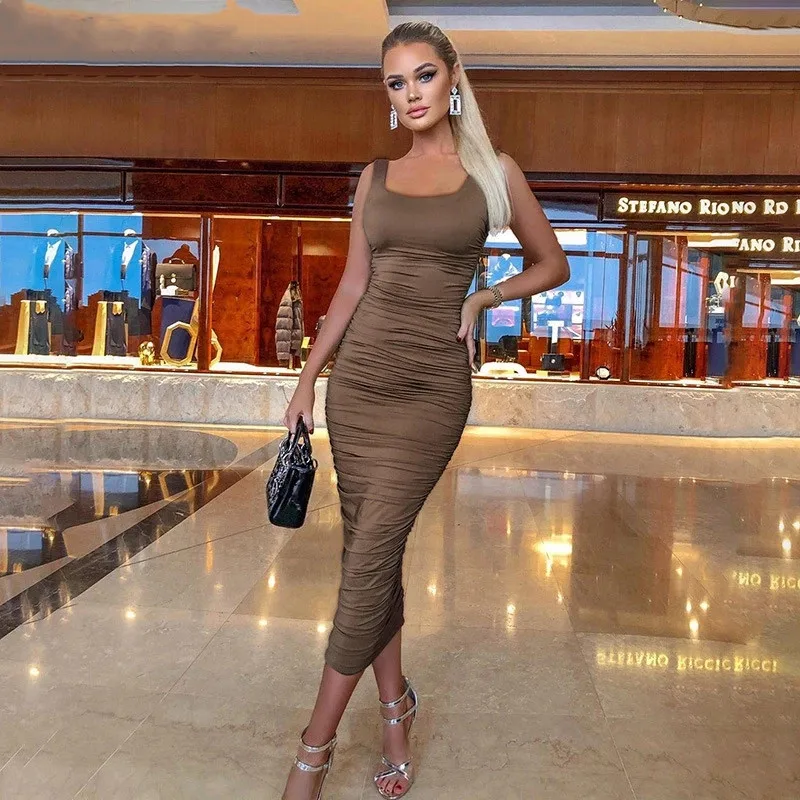 

Ruched Solid Sexy Bodycon Party Dresses Women Fashion Sleeveless Skinny Clubwear Basic Hot Midi Dress 2021 Summer Slim, Shown