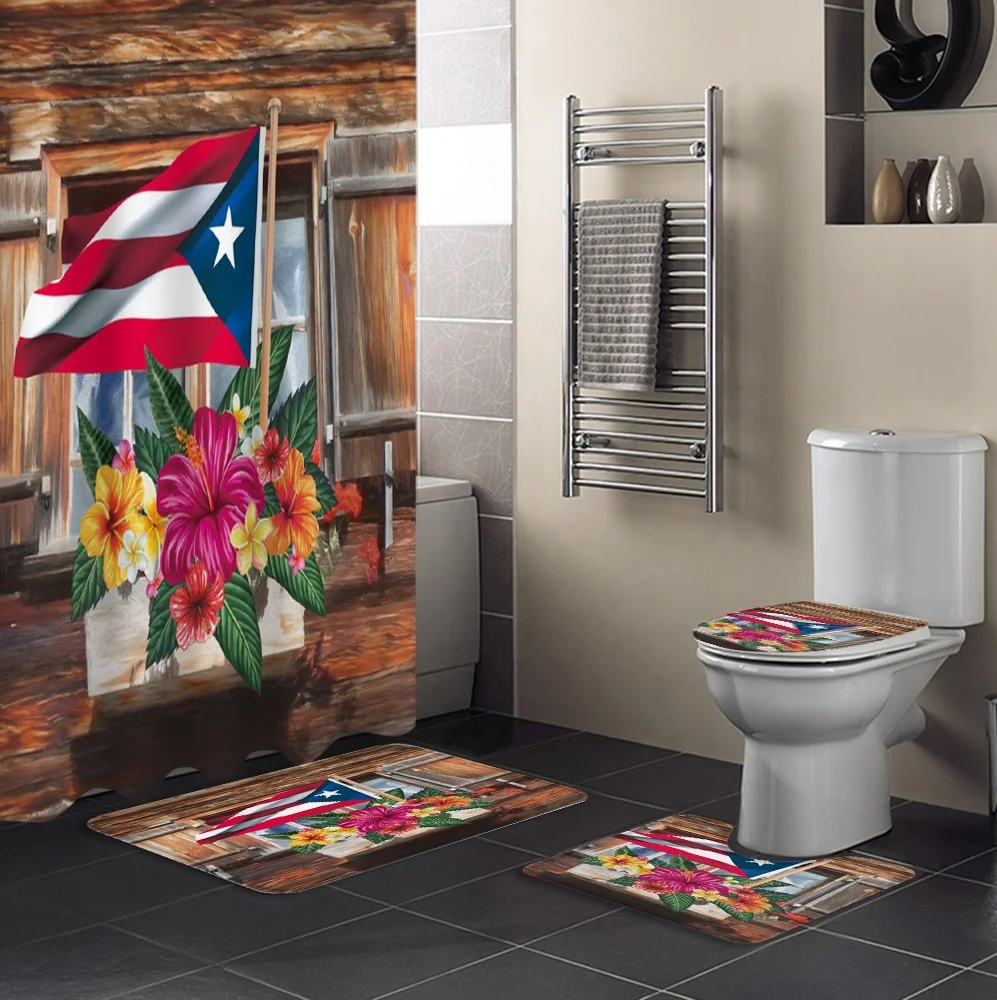 

Puerto Rico Flag Frogs Designs Bathroom 4 pieces Curtain Toilet Lid Set