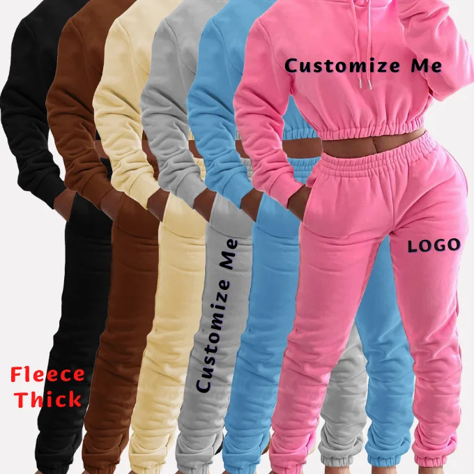

Custom Tracksuit Set Women Thick Crop Hoodie Jogging Sets Two Piece Sweat Outfits