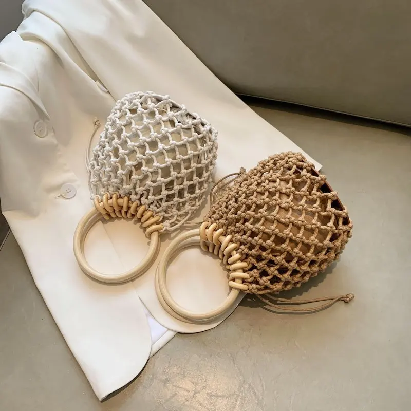 

Fishing Net Woven Handbags Ladies Summer Straw Bag Vacation Hollowout Beach Bag Tote Handbag