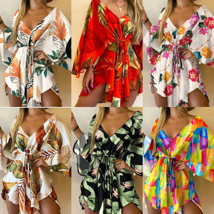 

2022 Summer Women Elegant Dresses Sexy V Neck Lace-up Floral Print Mini Dress Casual Flared Sleeves Irregular Ladies Party Dress, Women dress 2022