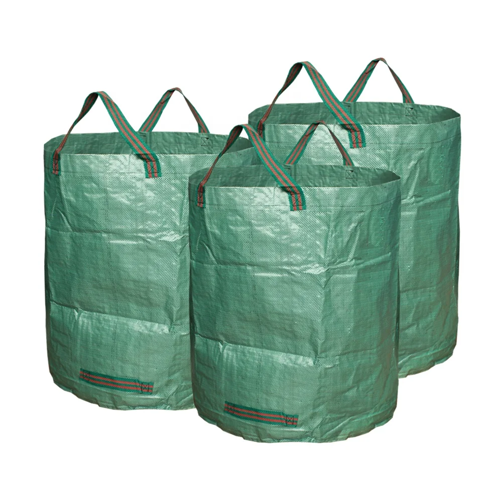 

One set 3 pieces 72 Gallons Folding garden waste woven bag recycling collection garden leaf bags with Four Handles, Green