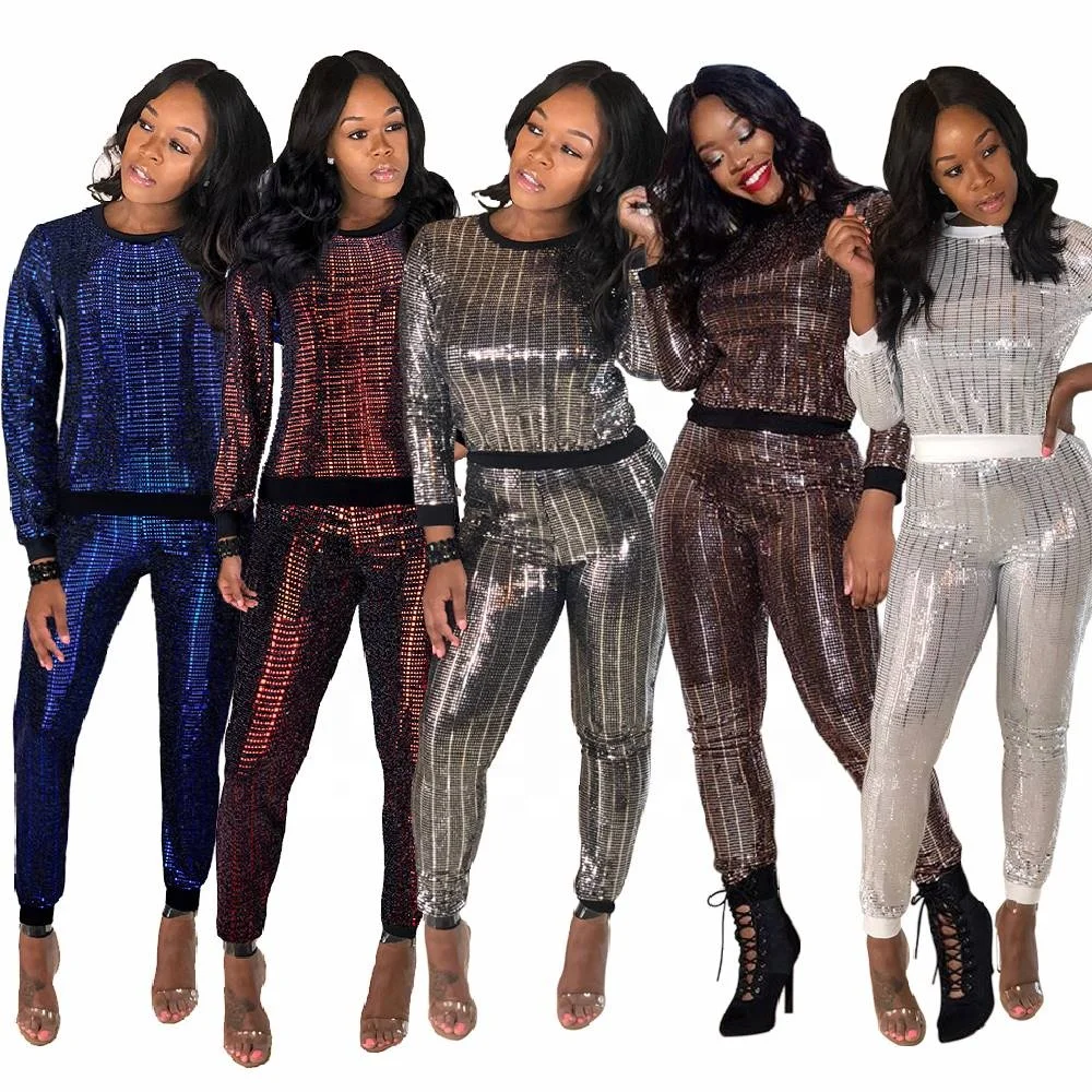 

Hot sale 2020 sequin fabric design women sweatsuit set