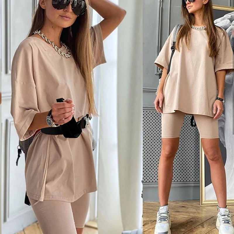 

KHT2039 Summer new fashion casual home solid color loose t shirt shorts sports two piece set
