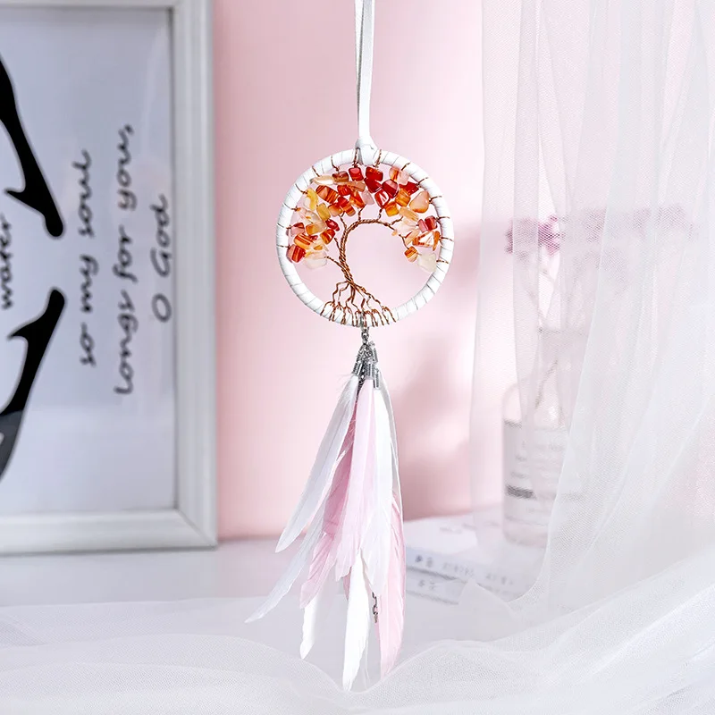 

Pink and White Car Feather Dream Catcher Mirror Pendant with Crystal Beads