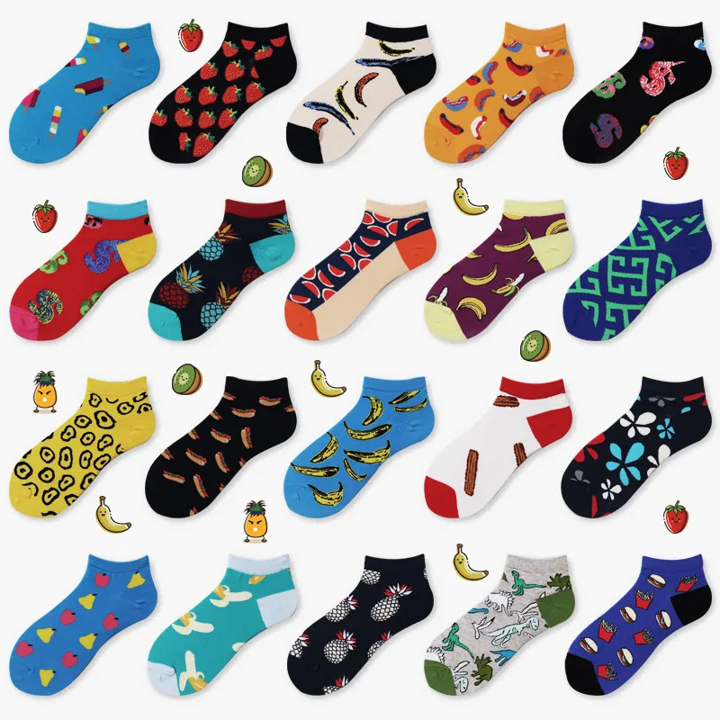 

XIANGHUI Wholesale Custom New Funny Dress Fruit Embroidered Fashion Jacquard Tube Multicolor Cotton Boat Ankle Happy Socks
