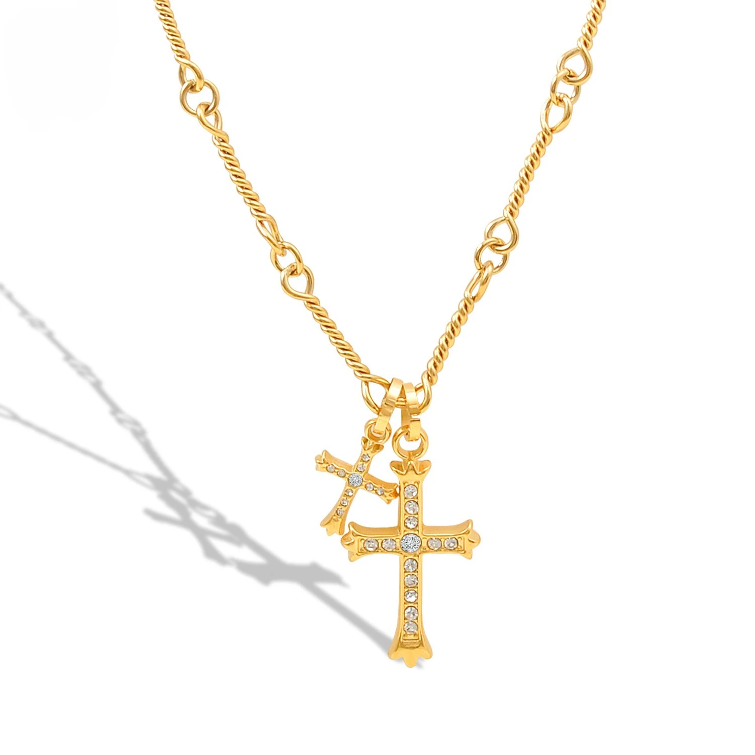 YF3695 Stainless Steel Tar Free Jewelry 18k Gold Plated Christian Religious Double Cross Pendant Diamond Inlaid Long Necklace