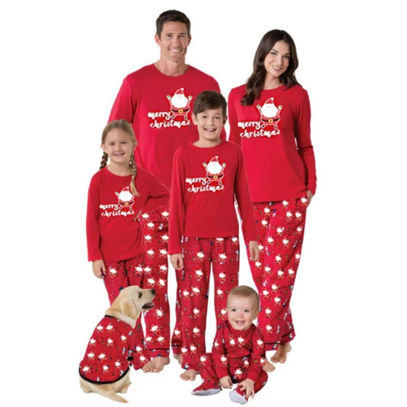 

2021 Matching Red Printed Family Pajamas Cotton Adults And Kids Christmas Sleepwear