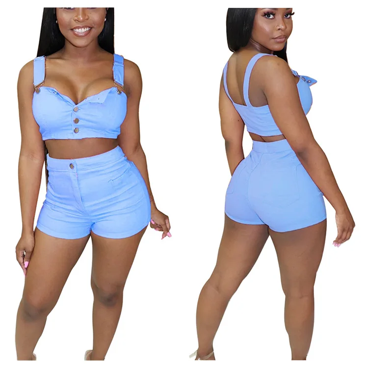 

Women clothing two pieces casual denim sling crop tops and shorts