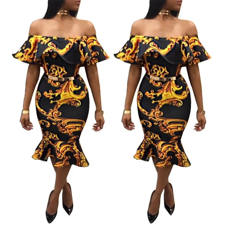 

High-end african digital print one shoulder dress ruffle dress dress skirt, Yellow