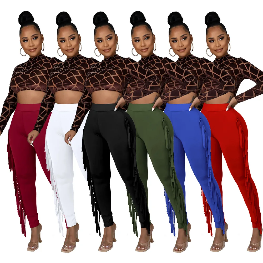 

EB-2022051325 women fashion solid tassel pants