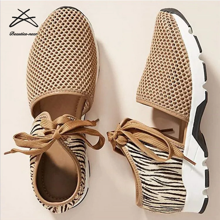 

Women fashion lace up soft breathable hollow net leopard print lady casual shoes ladies sneaker