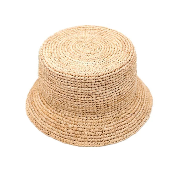 

Custom Designer Pattern Hand Made Crochet Raffia Straw Bucket Hat for Women Lady Beach Sun Shade Travelling Outdoor Casual Dress