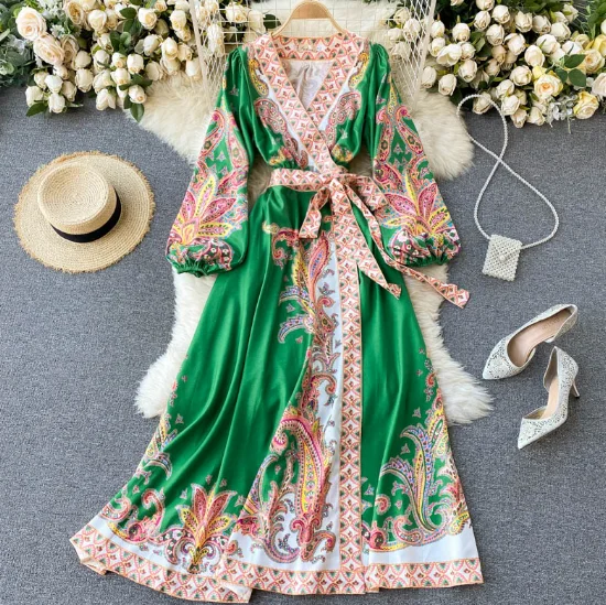 

Spring 2021 new female vintage print one-piece wrap dress long dress skirt, Rose madder