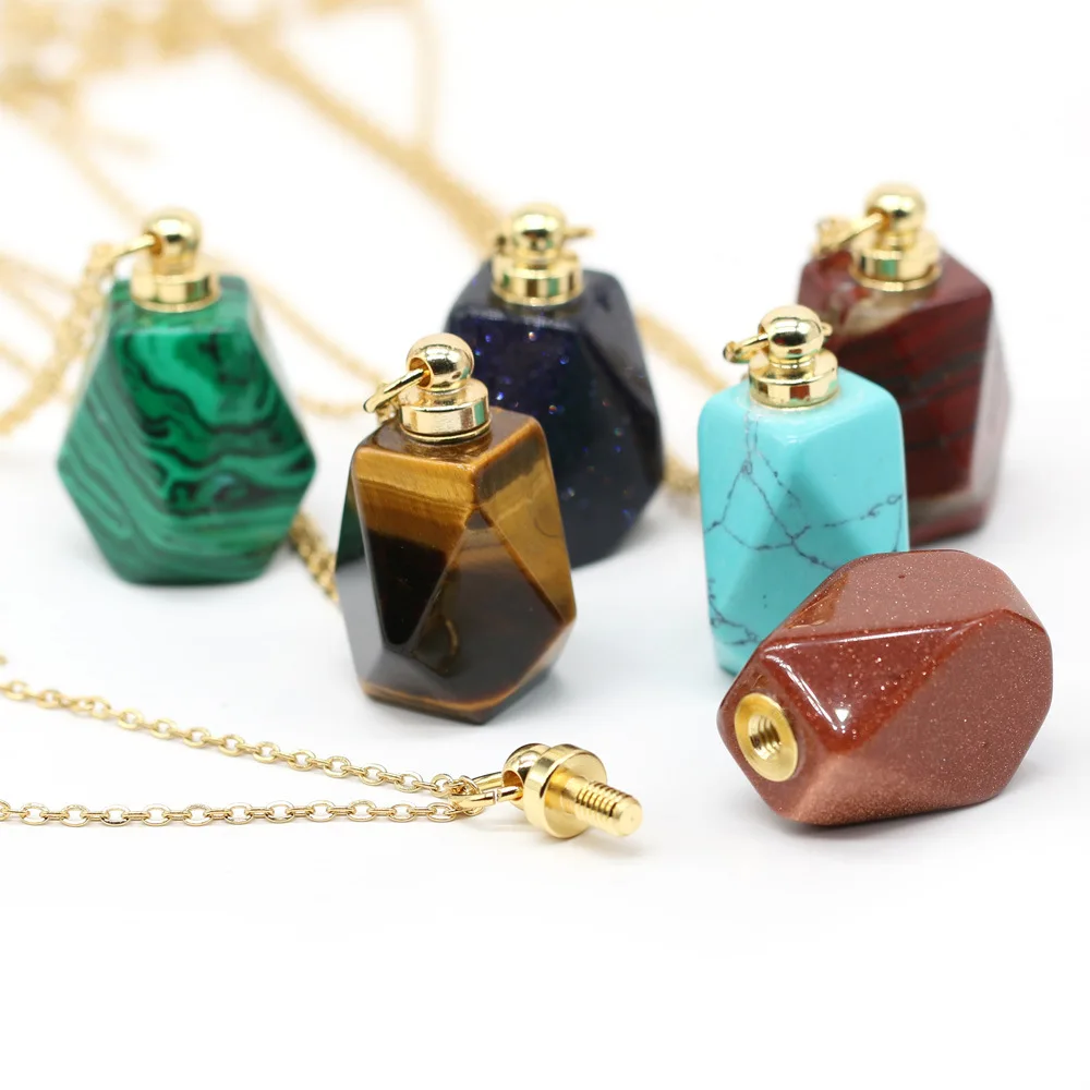 

Natural Gems Stone Quartz Perfume Bottle Pendants Faceted Rainbow Jasper Pink Quartz Amethyst Charm Necklace