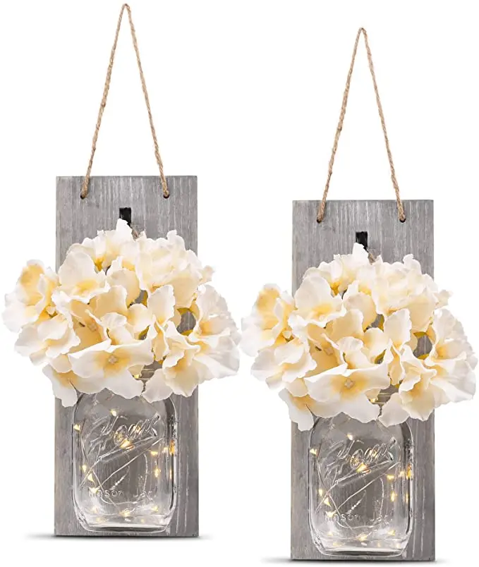 

Rustic Wall Sconces LED Fairy Lights Decorative Mason Jar Wall Decor Lights and Flowers