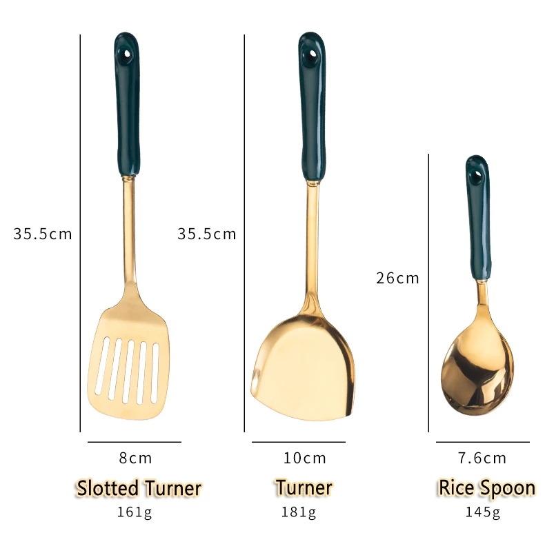 Luxury Dark Green Gold Cooking Tools Set Stainless Steel With Ceramic