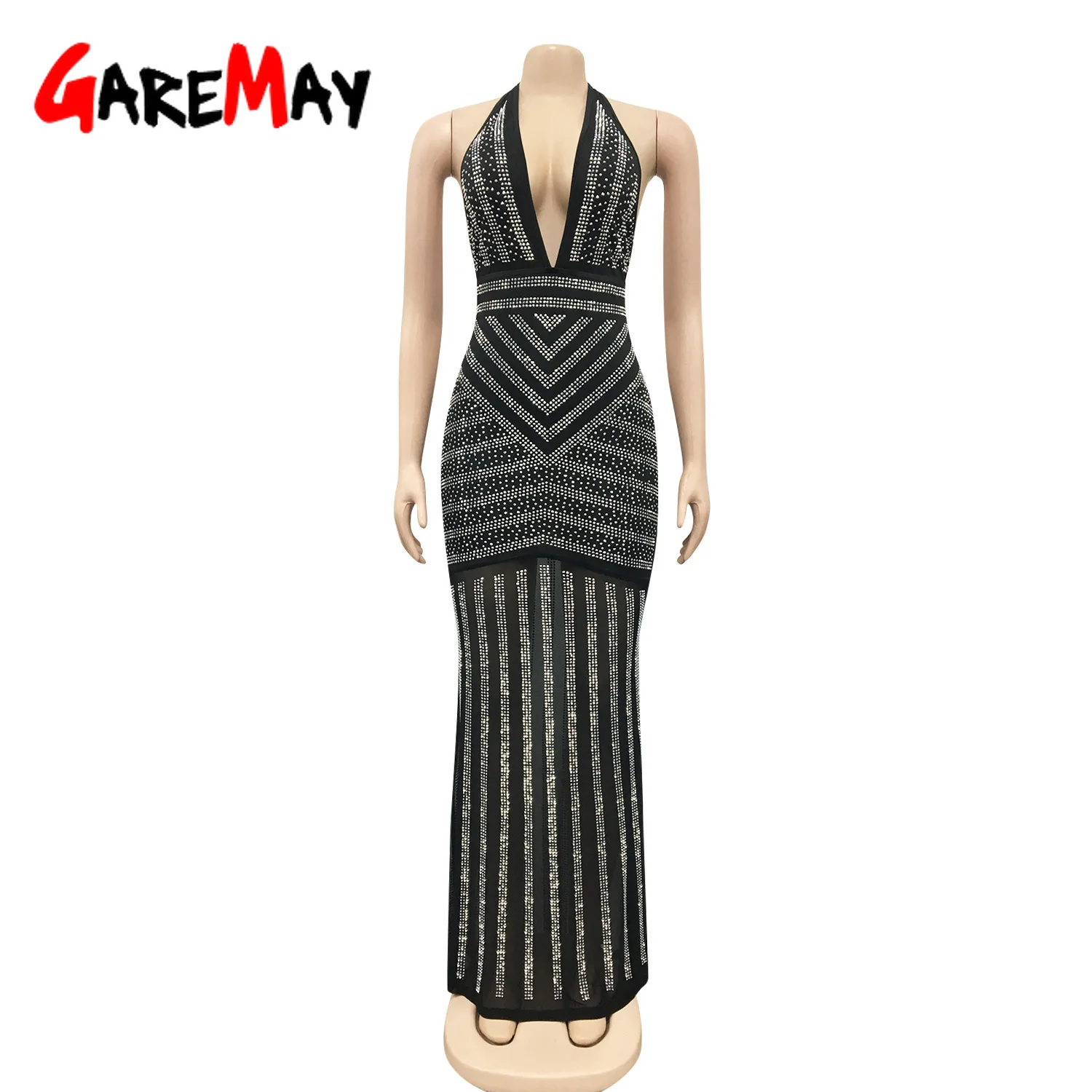

Fashion Sexy Deep V Backless Nightclub Party Evening Dresses Hot Diamond Perspective Long Skirt, Black