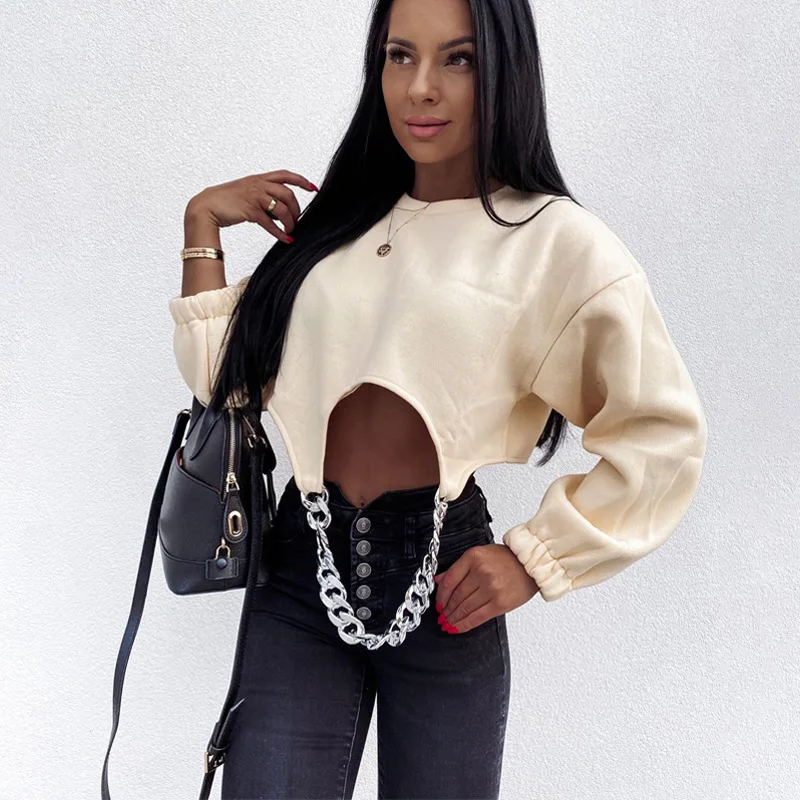 

2021 New Fashionable Street Style Women Chain Irregular T Shirt Loose Plain O Neck Long Sleeve Crop Tops