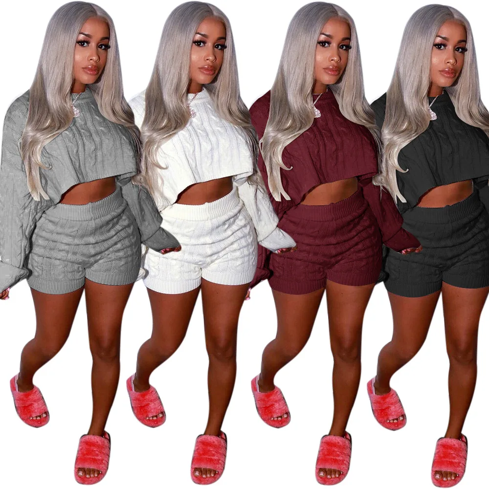 

2020 Sexy Stripe Sweater Women Two Piece Set Full Sleeve O Neck Pullover Crop Top And Short Pants Fashion Party Sweatsuit, Gray/wine red/white/black