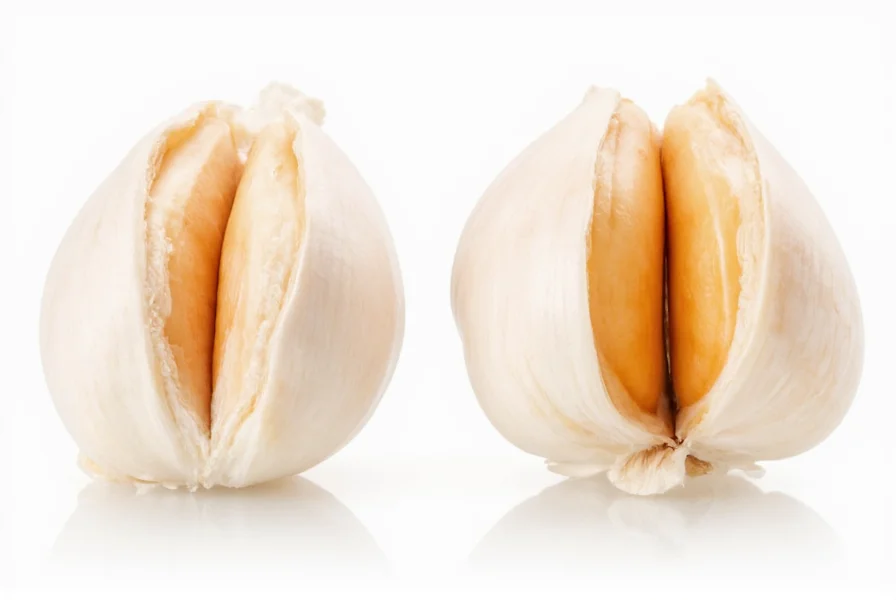 Side-by-side comparison of peeled and unpeeled garlic cloves showing skin texture and interior color