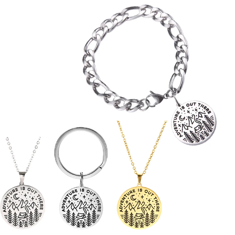 Custom Graduation Gift Stainless Steel Adventure Is Out There Inspirational Bracelets Necklace Key Chain Jewelry Set