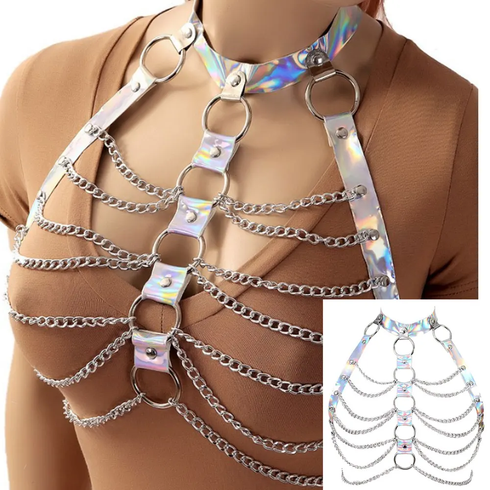 bright color sexy body cage bondage bra crop top drape chain harness jewelry for night club