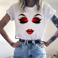 Women Face Makeup Red lip Prints Girls T Shirts Ha
