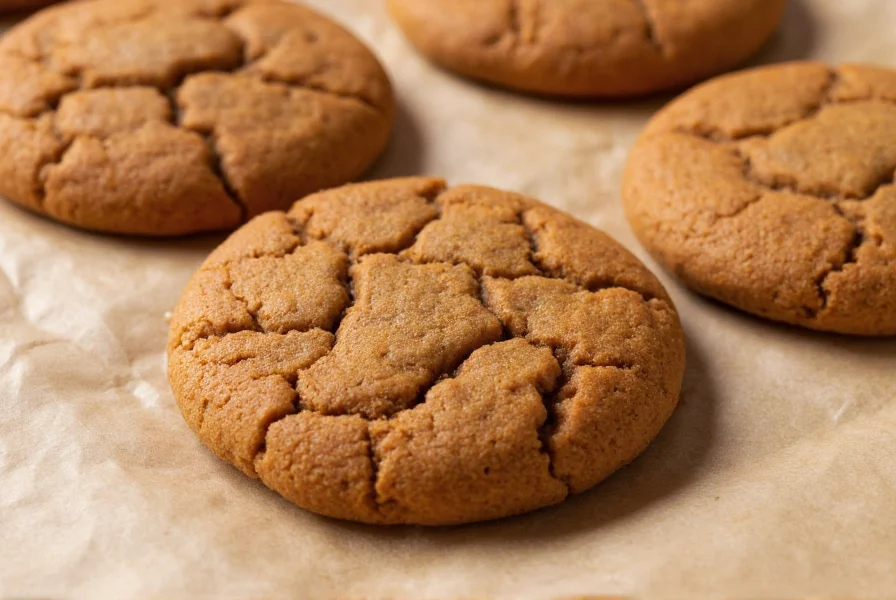 Close-up of perfectly baked chewy ginger cookies with crackled surface on parchment paper