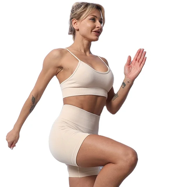 

Workout Sets 2 Piece Seamless Knitted Sports Cami Bra and High Waist Short Pants Compression Suit for Yoga Gym Fitness
